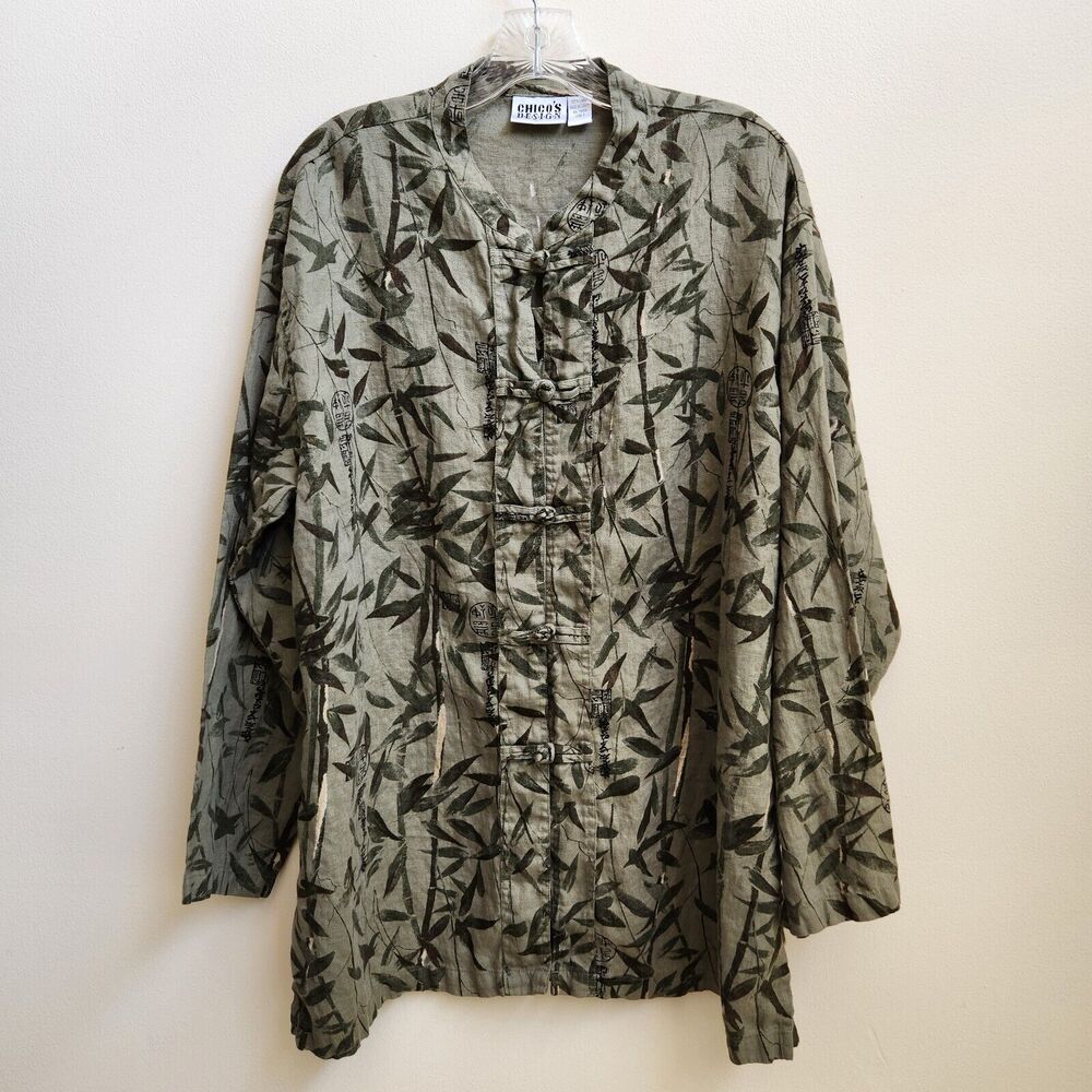 Chico's Design Cardigan Women's 3 Green Linen Button Leafy Forest Safari Nature